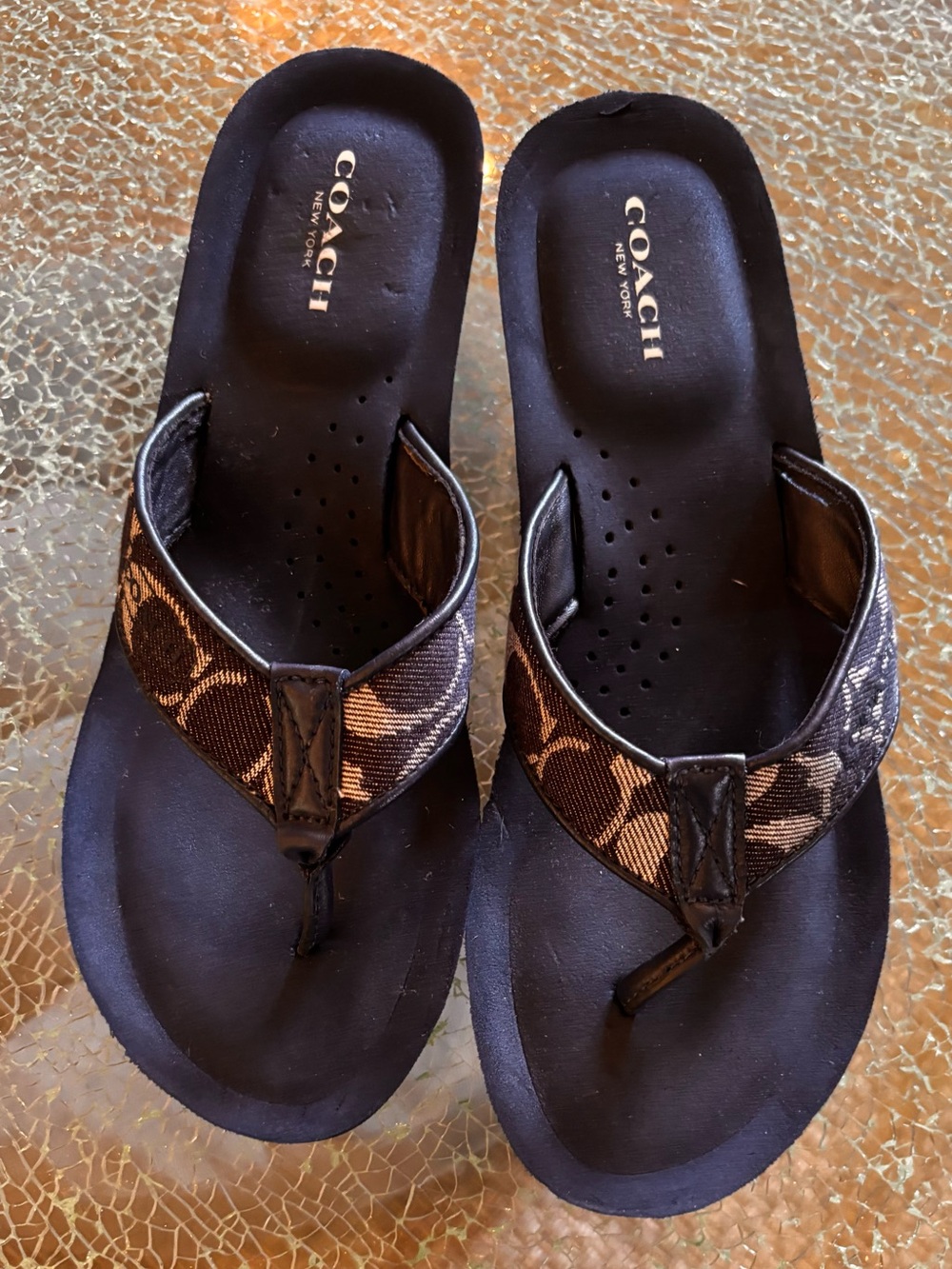 Coach Navy blue  Monogram Canvas Thong wedge Sandals eu size 38 US size 7.5-8
